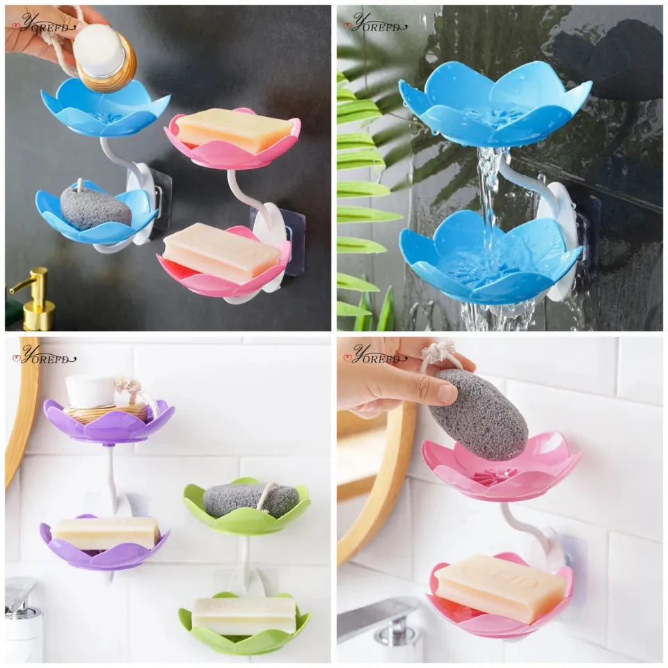 Wall- Mounted Drain Soap Box Double Layer Flower Shaped Soap Tray