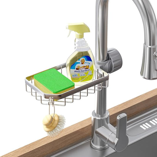 LONIN Sponge Holder Over Faucet Kitchen Sink Caddy Organizer, Stainless Steel Detachable Hanging Faucet Drain Rack for Bathroom, Scrubbers, Soap