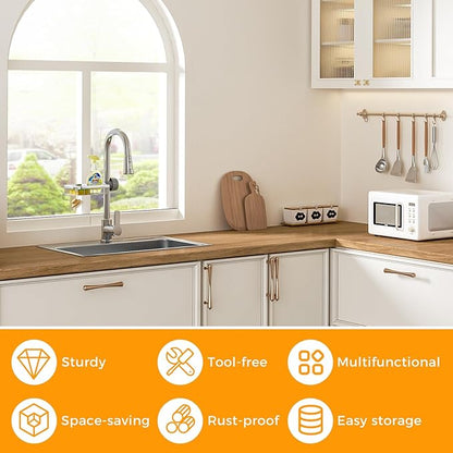 LONIN Sponge Holder Over Faucet Kitchen Sink Caddy Organizer, Stainless Steel Detachable Hanging Faucet Drain Rack for Bathroom, Scrubbers, Soap