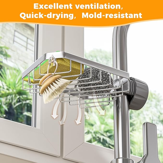 LONIN Sponge Holder Over Faucet Kitchen Sink Caddy Organizer, Stainless Steel Detachable Hanging Faucet Drain Rack for Bathroom, Scrubbers, Soap