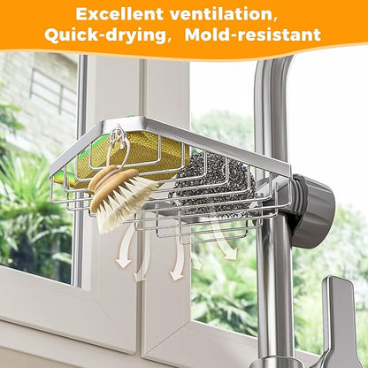 LONIN Sponge Holder Over Faucet Kitchen Sink Caddy Organizer, Stainless Steel Detachable Hanging Faucet Drain Rack for Bathroom, Scrubbers, Soap