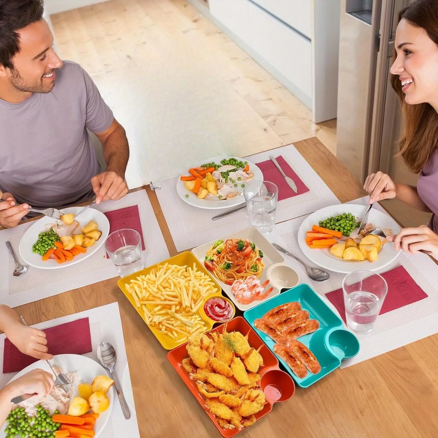 4-Piece set Colorful Serving Platter Set – Durable BPA-Free PP Plastic Snack, Sushi, Appetizer & Dessert Plates with Dipping Sauce Bowls – Ideal for Charcuterie Boards, Fruit Trays, Party Finger Foods, Holiday Gatherings & Home Dining – Dishwasher Safe